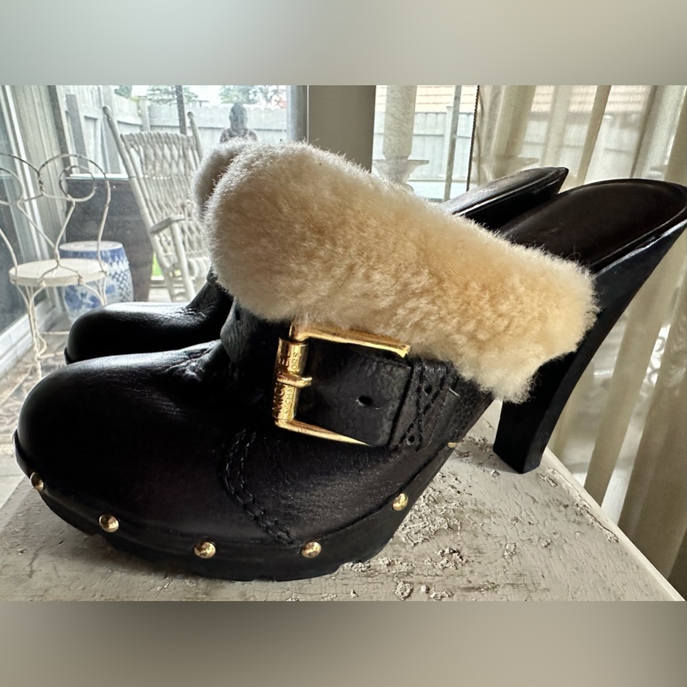 Michael Kors sheepskin and leather high heel clogs size 7 1/2